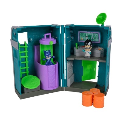 Brinquedo base com dois compartimentos, personagens e acessórios coloridos