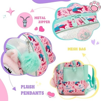 Mochila cor-de-rosa com padrão de sereias e pendentes de pelúcia