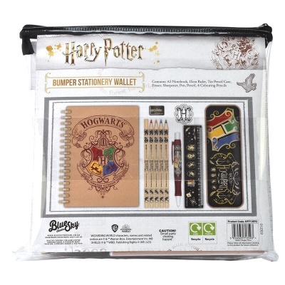 Conjunto de papelaria Harry Potter com caderno, régua, lápis, borracha e apontador em bolsa transparente