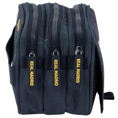 Bolsa preta com três fechos de correr 'REAL MADRID' e alça lateral