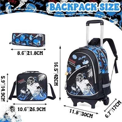 Conjunto mochila, estojo e lancheira com tema de futebol americano em azul, preto e branco