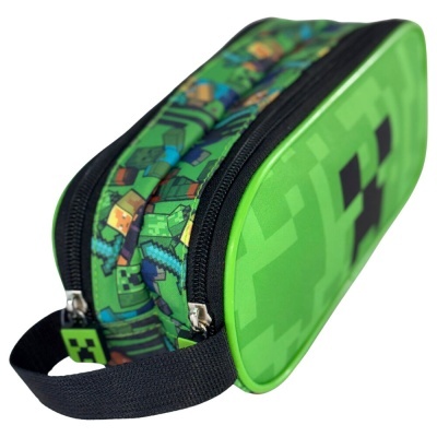 Estojo retangular verde com padrão pixelizado e motivos Minecraft