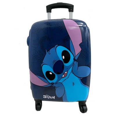 Mala de viagem rígida azul com desenho do Stitch e pega telescópica