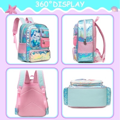 Mochila azul e rosa com bolso de gato e material holográfico vista de vários ângulos