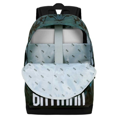 Mochila verde escuro e preto com interior cinzento claro e padrão de logótipos pretos