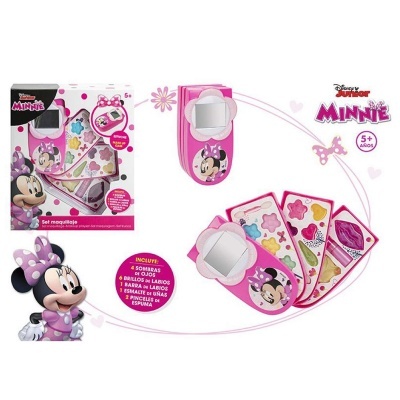 Set de maquilhagem Minnie Disney com várias cores em embalagem rosa e branca.