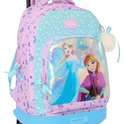 Mochila de rodinhas infantil azul e roxa com personagens Frozen e pompom