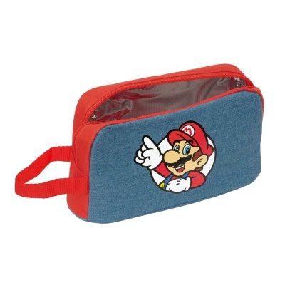 Estojo vermelho e azul com imagem de Mario da Nintendo na parte frontal