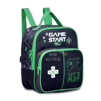 Mochila infantil preta e verde com padrão de videojogos e texto GAME START