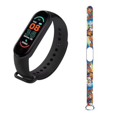 Relógio inteligente preto com mostrador digital colorido e pulseira colorida com personagens animados