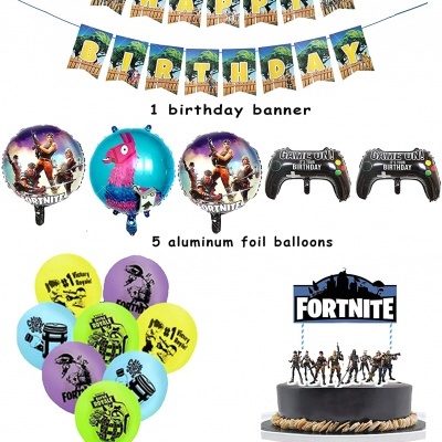 Conjunto de decoração de aniversário Fortnite com faixa, balões de alumínio e látex e topo de bolo