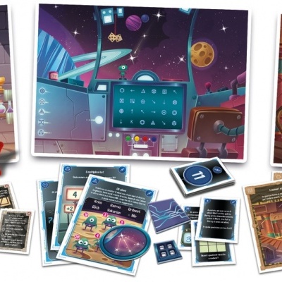 Jogos de tabuleiro com temas variados: mistério, espaço e Egito, com cartas e peças diversas