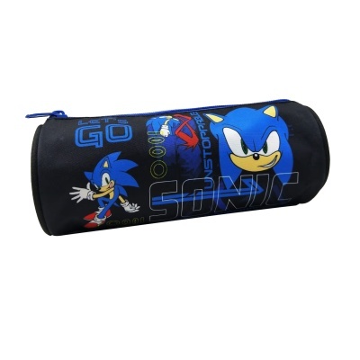 Estojo escolar preto com desenhos do personagem Sonic e fecho azul