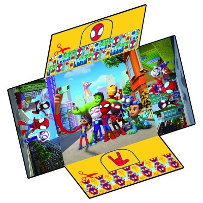 Embalagem amarela com personagens cartoon do Homem-Aranha e texto relacionado a jogos de mãos.