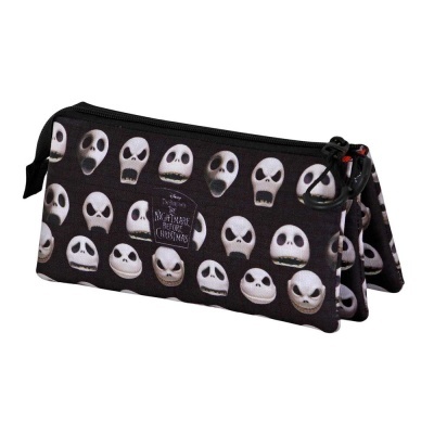 Estojo preto com padrões de rostos brancos e texto The Nightmare Before Christmas.