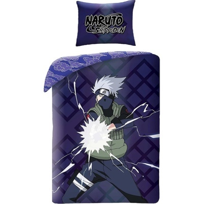 Conjunto de cama azul e roxo com personagem de anime e texto Naruto Shippuden