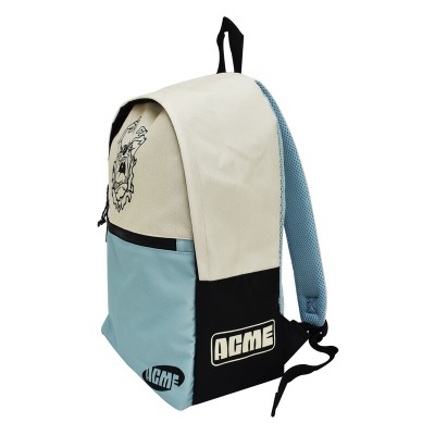 Mochila ACME bege, azul claro e preta com logótipos ACME.
