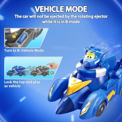 Brinquedo veículo robô azul com amarelo em modo veículo com texto em inglês