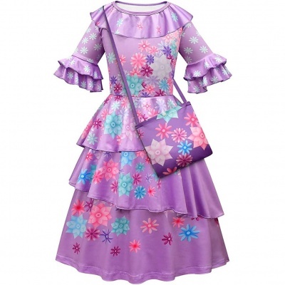 Vestido roxo floral com folhos e bolsa combinando