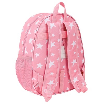 Mochila infantil rosa com estrelas brancas e alças ajustáveis