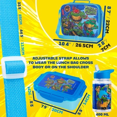 Conjunto para lanche com mochila térmica, caixa e garrafa, estampados com Tartarugas Ninja em azul.