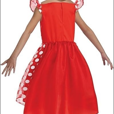 Vestido infantil vermelho com tule com bolinhas e orelhas de rato negras