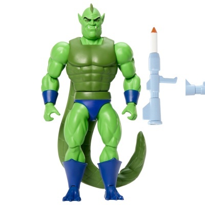Boneco de ação verde com roupa azul e acessórios em fundo branco