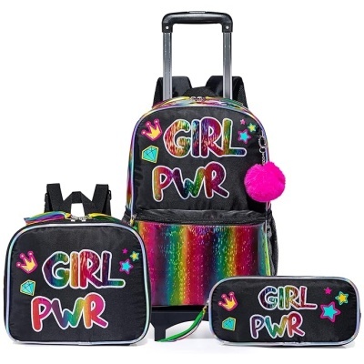 Conjunto mochila com rodas, mochila pequena e estojo com texto colorido GIRL PWR.