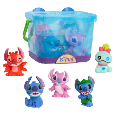 Bonecos Disney Stitch em caixa azul translúcida com base roxa e cinco figuras coloridas