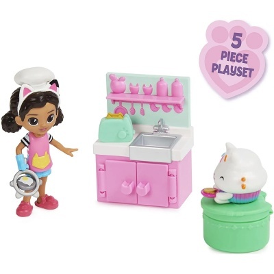 Conjunto de brincar de 5 peças com figura de cozinheira, mobiliário de cozinha rosa e figura de gato branco