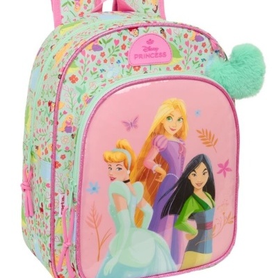Mochila infantil rosa com princesas Disney e padrão floral com pompom verde