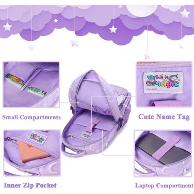 Mochila lilás com várias divisórias e etiqueta personalizada