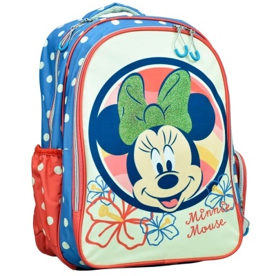 Mochila infantil Minnie Mouse azul, vermelha e branca com bolinhas e laço verde