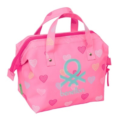 Bolsa de mão rosa com corações coloridos e logótipo benetton.