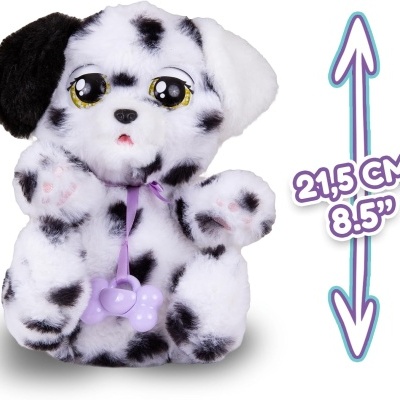 Peluche cão manchado branco e preto com fita roxa e osso lilás