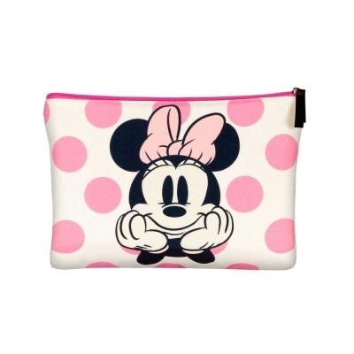 Bolsa branca com bolas rosa e estampa da Minnie Mouse com laço rosa
