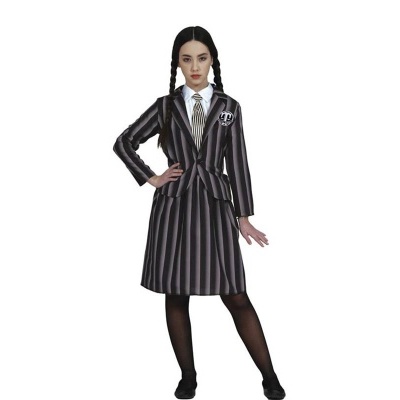 Conjunto de blazer e saia às riscas verticais pretas e cinzentas com camisa branca e gravata às riscas