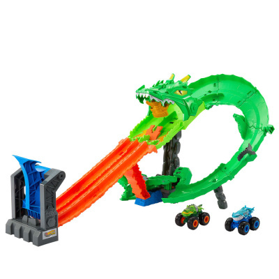 Brinquedo Hot Wheels pista com dragão verde e carros miniatura