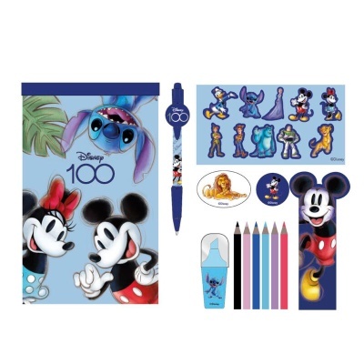 Conjunto material escolar Disney com caderno, caneta, lápis de cor, apontador, autocolantes e régua com personagens Disney