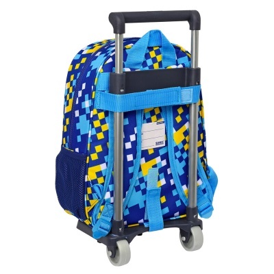 Mochila de carrinho azul com padrão geométrico e rodas