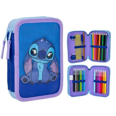 Estojo escolar azul com Stitch e interior lilás e azul com lápis e canetas