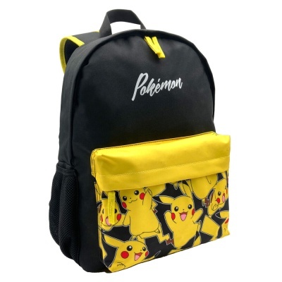 Mochila preta e amarela com personagens Pikachu e texto Pokémon