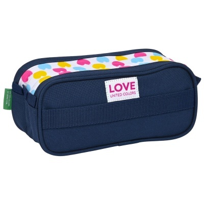 Estojo azul escuro com topo colorido e etiqueta LOVE UNITED COLORS