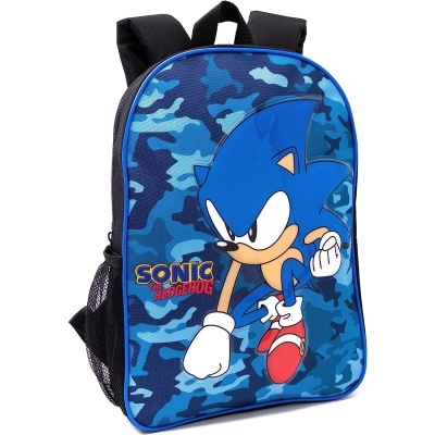 Mochila azul com estampa do Sonic the Hedgehog e padrão camuflado