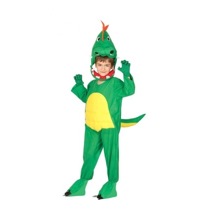 Fato de dinossauro verde para criança com barriga amarela e detalhes laranja