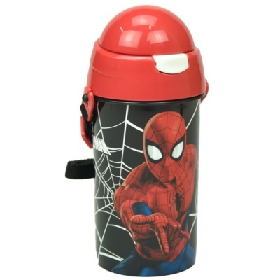 Garrafa infantil do Homem-Aranha com tampa vermelha e padrão de teias