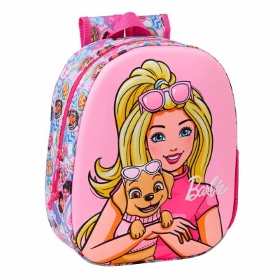 Mochila rosa com estampa Barbie e cãozinho, alças rosas