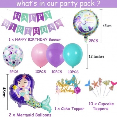 Kit festa sereia com decoração colorida incluindo balões, faixa 'HAPPY BIRTHDAY' e toppers para bolo e cupcakes