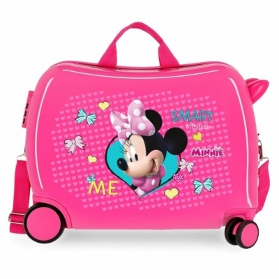 Mala de viagem cor-de-rosa com imagem da personagem Minnie Mouse e texto colorido.