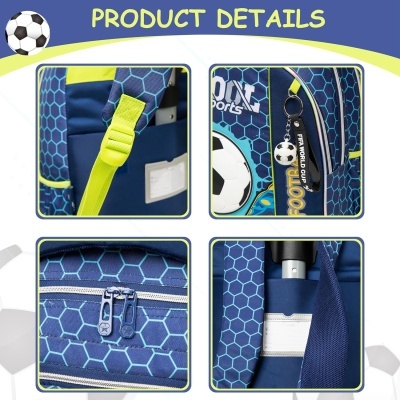 Detalhes de mochila azul com padrão hexagonal e acessórios relacionados a futebol